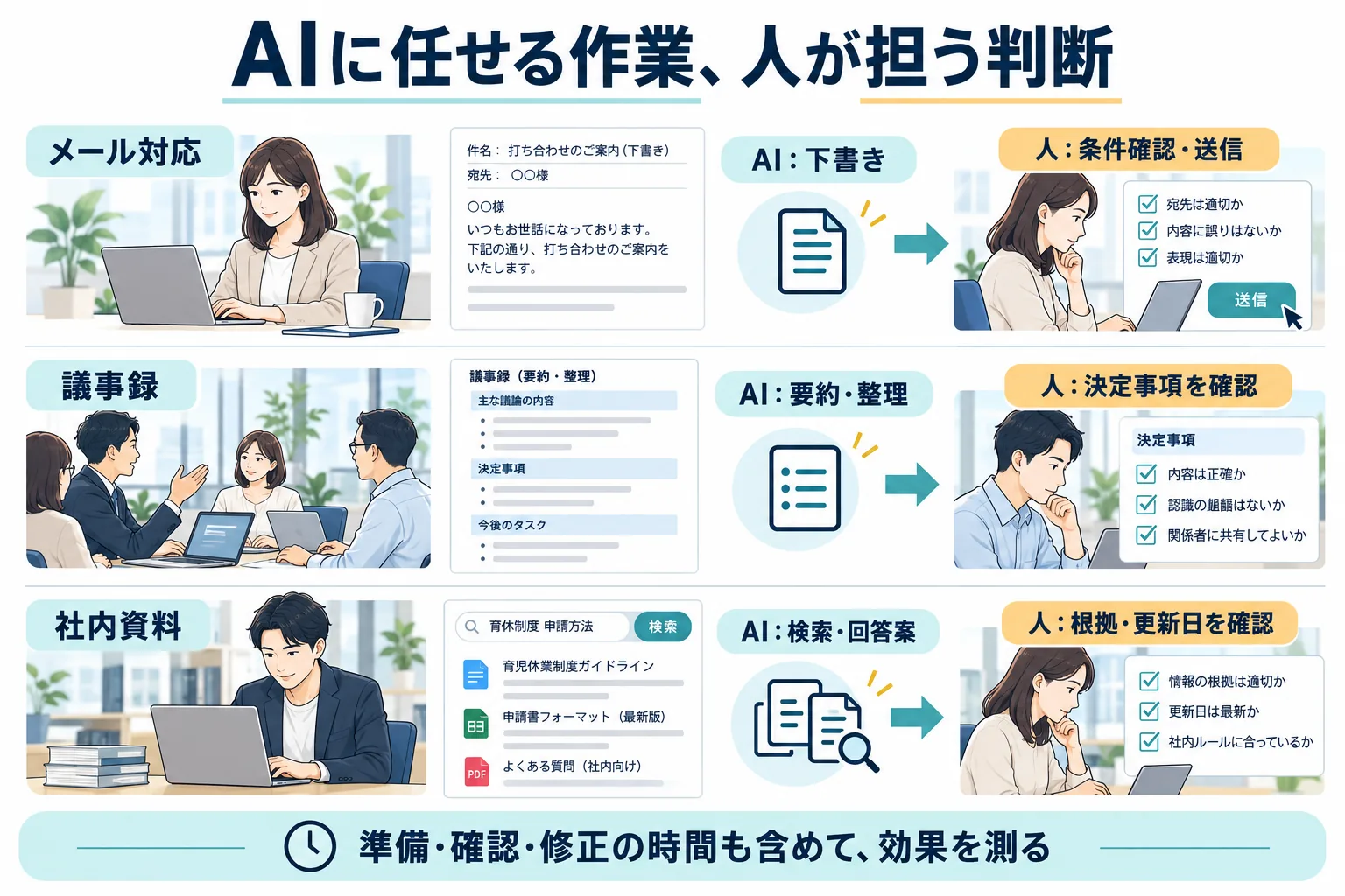メールはAIが下書きし人が条件を確認して送信。議事録はAIが要約し人が決定事項を確認。社内資料はAIが検索し人が根拠と更新日を確認。